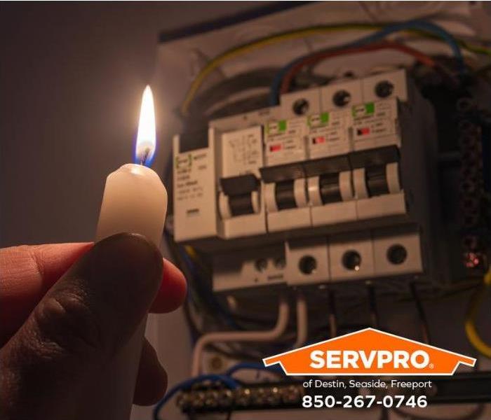 A person holds a candle to an electrical panel while trying to restore electricity.